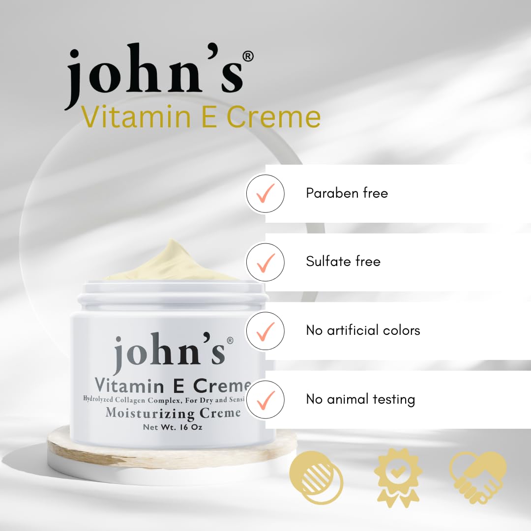 John's Vitamin E Creme, Moisturizing Cream for Face & Body, 16 oz, Hydrolyzed Collagen Complex for Extra Dry & Sensitive Skin. Paraben Free, All Natural, USA Made