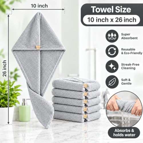Image of Hair Towel Wrap for Women-Quick Drying Microfiber Towel for Hair with Elastic Loop for Tying-Super Absorbent Head Towels Wrap for Ladies Hair Turban (Pack of 1,Grey)