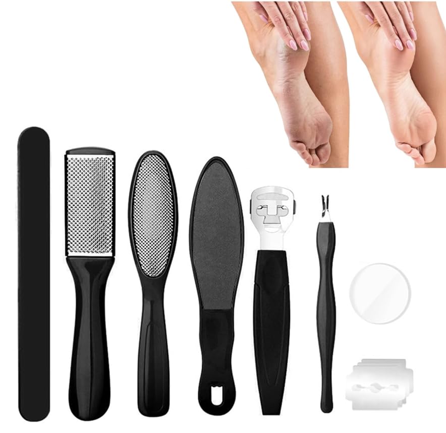 8-in-1 Pedicure Tools Kit for Feet – Foot Scrubber, Callus Remover, Foot File, Scraper, Nail Filer & Cleaner – Dead Skin Remover Set for Home Spa & Salon Use (Black)