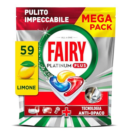 Fairy Platinum Plus Pastiglie Lavastoviglie, 59 Capsule, Limone, Detersivo Con Tecnologia Anti-Opaco, Contro Grasso e Incrostazioni Ostinate Anche nei Cicli Brevi
