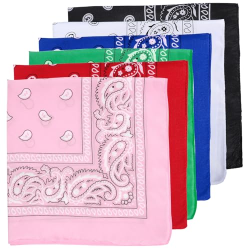KFHENSOMR Paquete de 6 bandanas multiusos de colores surtidos, pañuelo cuadrado de cachemira, bandana de vaquero de poliéster, diadema para mujeres y hombres, 21 x 21 pulgadas