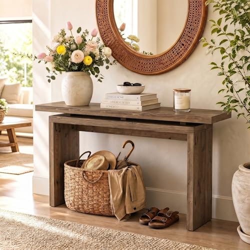 TRIBEWOOD 63-Inch Solid Wood Console Table for Entryway, Farmhouse Narrow Long Sofa Table Behind the Couch for Living Room, Hallway, Foyer, Entrance, Unique Dual-Layer Tabletop, Rustic Brown - image 2