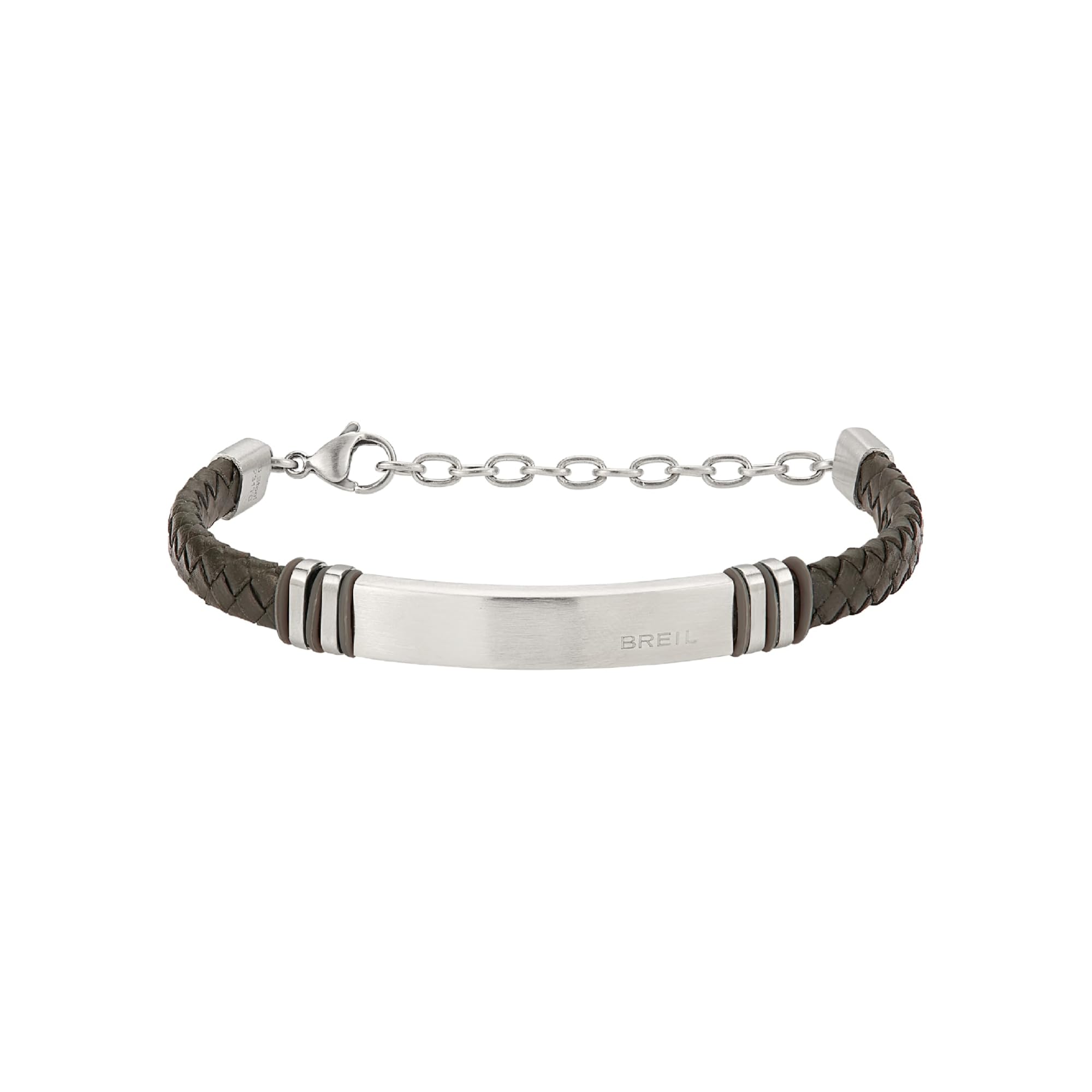 Breil, Collezione Leather Twine, Bracciale da Uomo, in Acciaio Satinato, Pelle e Silicone, Chiusura a Moschettone, Taglia Unica 24 cm