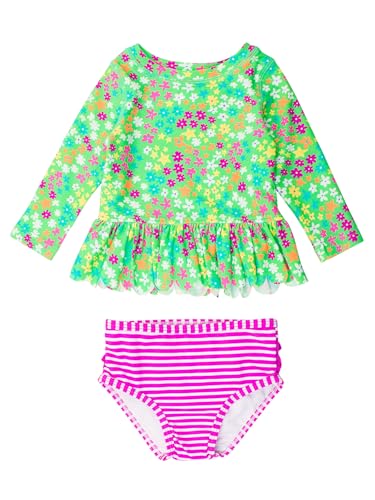 Image of RuffleButts Baby /Toddler Girls Scalloped Long Sleeve Rash Guard 2-Piece UPF50+ Sun Protected Swimsuit
