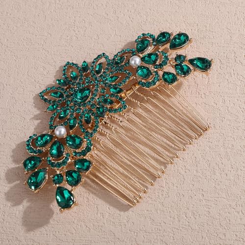 Peine para cabello con cristales y perlas verde miniatura 3