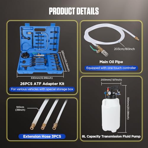 Image of 8L Transmission Fluid Transfer Pump Kit with 26PCS ATF Adapters, Automatic Oil Extractor & Dispenser Pneumatic Transmission Fluid Pump Set Transmission Filler kit for ATF Refill