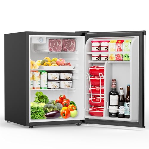 Image of COWSAR 2.6 Cu.Ft Mini Fridge with Freezer, Quiet Reversible Door Compact Refrigerator, Small Refrigerator with 2 Removable Shelves, Adjustable Thermostat, for Office, Bedroom, Dorm, Silver