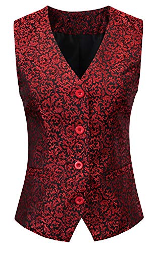 Vocni Women's Fully Lined 4 Button V-Neck Economy Dressy Suit Vest Waistcoat Jacquard Vest, Red Jacquard,Large