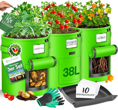 KESSER® Kartoffel-Pflanzsack 3-Set 38L | Kartoffel-Pflanzbeutel aus Vlies mit Namensschildern | Pflanztasche mit Fenster & Griffen | Kartoffelpflanzgefäß waschbar mit Handschuhen & Arbeitsmatte Grün