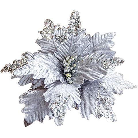 WIVAYE Glitter Christmas Poinsettia Flowers,10in Wide Velvet Artificial Flower Picks Tree Ornaments, Floral for DIY Crafts Wreath Party Decor, Silver-6pack Cover