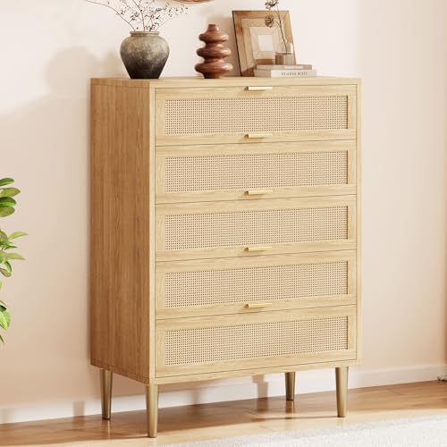 GarveeHome Rattan 5 Drawer Dresser, 44'' Tall Narrow Chest of Drawer, Farmhouse Wooden Vertical Dresser with Metal Legs and Handles, Modern Cabinet for Bedroom, Living Room, Oak