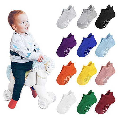 Lictin Baby Socks Anti Slip Socks with Grips-12 Pairs Non Skid Ankle Socks with Mesh Design for Infants Boys & Girls 1-3 Years Cotton Socks with Box (12 Colors)