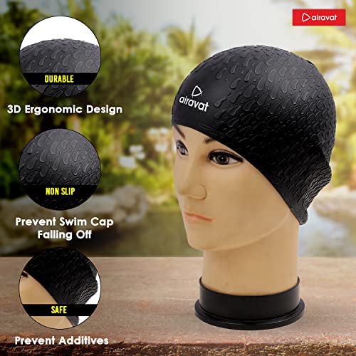 Image of Airavat Swim Bubble Cap, Silicone Swim Cap, Comfortable Bathing Cap Ideal for Curly Short Medium Long Hair, Swimming Cap for Women and Men (Black)