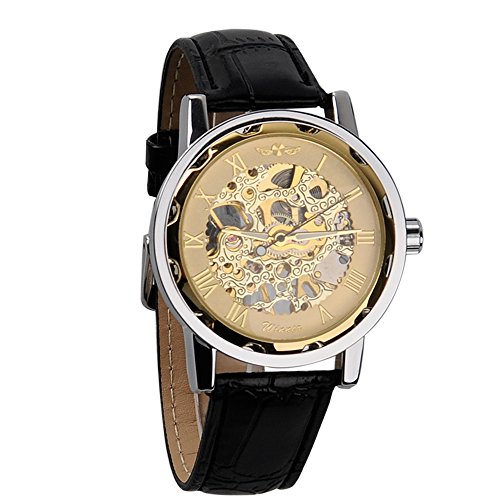 Vantasy Men's Luxury Gold Plated Stainless Steel Hand Wind Skeleton Analog Mechanical Black Leather Wrist Watch