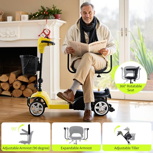 Image of 4 Wheel Mobility Scooter, Electric Scooter with Seat,Lightweight Mobility Scooter with Removable Battery. 6 MPH High Speed 265 lbs Capacity, Foldable Design (Basic Model-Yellow)