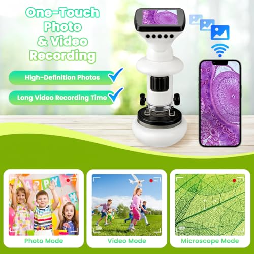 Image of 1000X WiFi Digital Microscope for Kids & Students, 2 inch LCD Screen, 1080P HD Handheld Portable Microscope with Screen Share, Rechargeable, Photo Video Recording for Lab, Classroom & Home Use