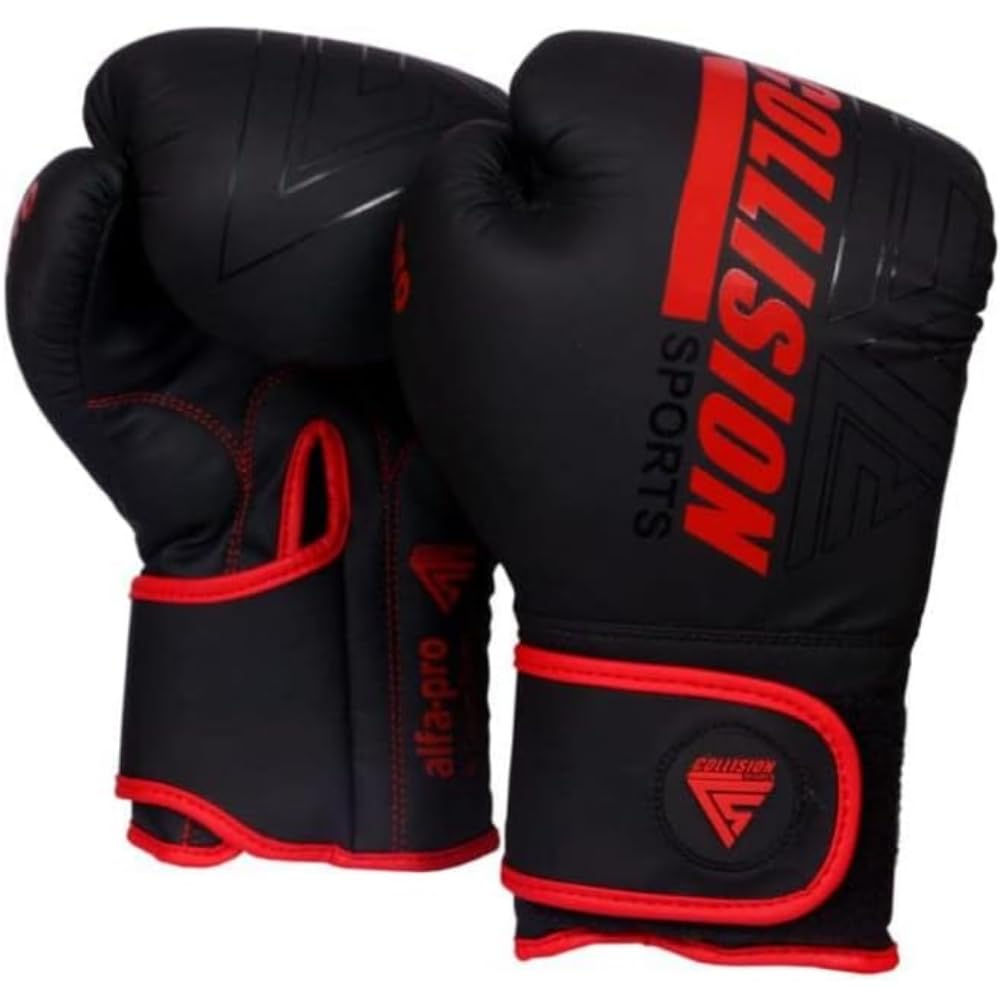 Collision Sports Professional Unisex Boxing Gloves | MMA Muay Thai Boxing Gloves For Training | Multi-Layered Ventilated Sparring Gloves (Red/Black, 16 oz)
