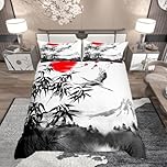 Homewish Japanese-Style Duvet Cover Mountain Crane Bedding Set King Size For Kids Teens Adult Bamboo Leaves Sun Quilt Cover Vintage Style Comforter Cover Lightweight Bedroom Decor Grey White
