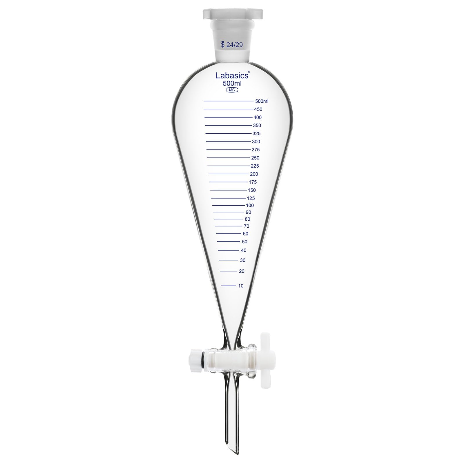 Labasics Embudo de Decantación Graduado, 500 ml de Vidrio de Borosilicato de Pared Gruesa con Junta 24/29 y Llave de PTFE