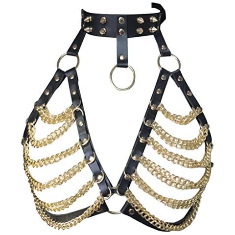 Damen Body Harness Riemen Taille Gürtel Leder verstellbar Punk Club Kostüme (LB22Golden) Cover
