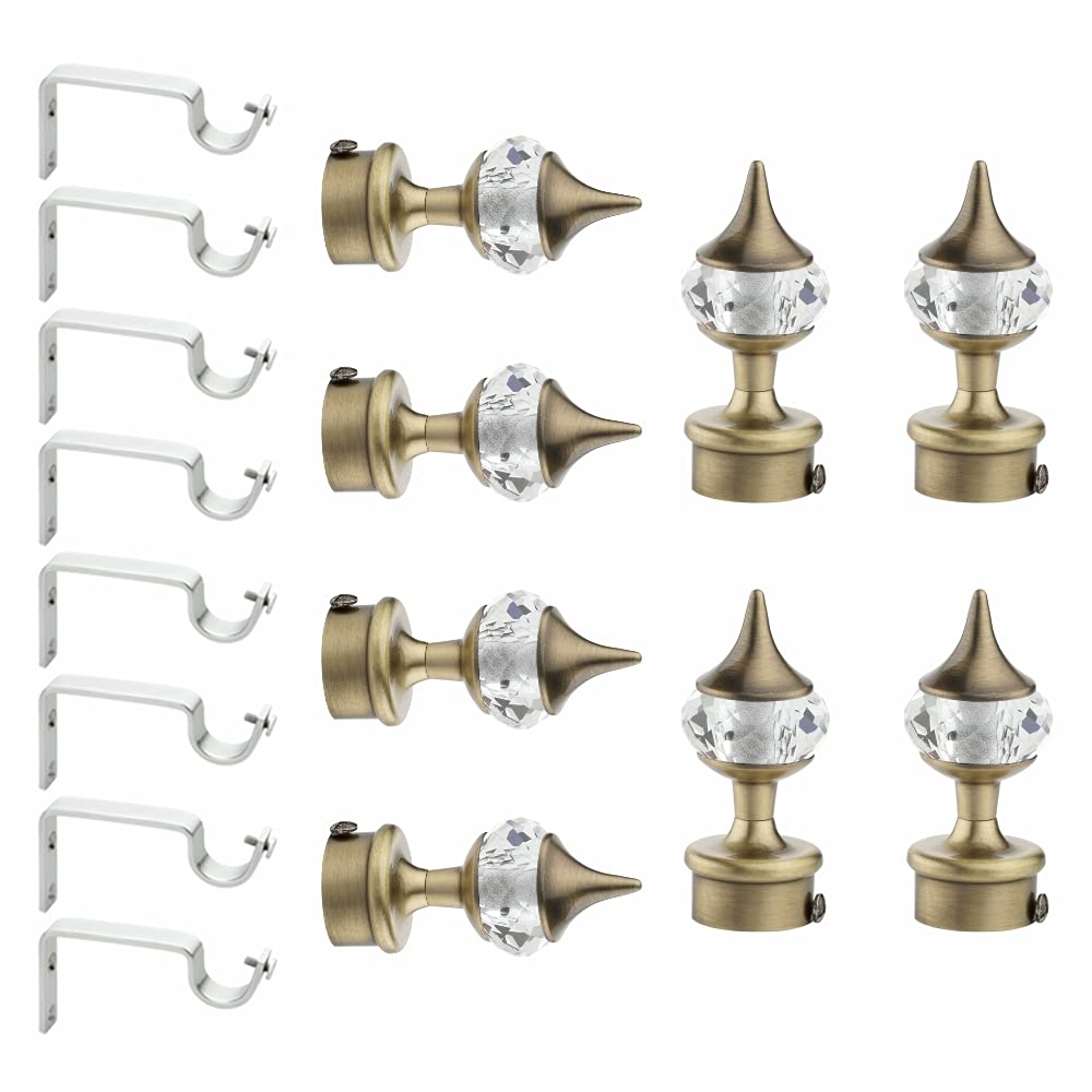 GLOXY ENTERPRISE Aluminium Single Diamond Curtain Brackets Parda Holders with Support Fittings 1 Inch Rod Pocket Finials Designer Door and Window (Antique 8 Pair)