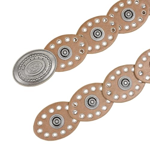 Women's Retro Hollow Wide Disc Belt Boho Leather Belt Western Chunky Waist Belt Cowboy Metal Buckle Concho Belts4