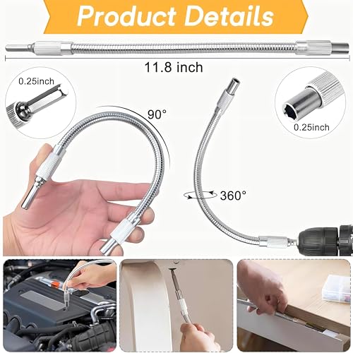 Image of 17Piece Flexible Drill Bit Extension, Include 3Pcs Rotatable Socket Adapter 2Pcs Hex Shank 105 Right Angle Drill Attachment 10 Short Screwdriver bits 90 Angled Bits and Bendable Drill Bit Extension