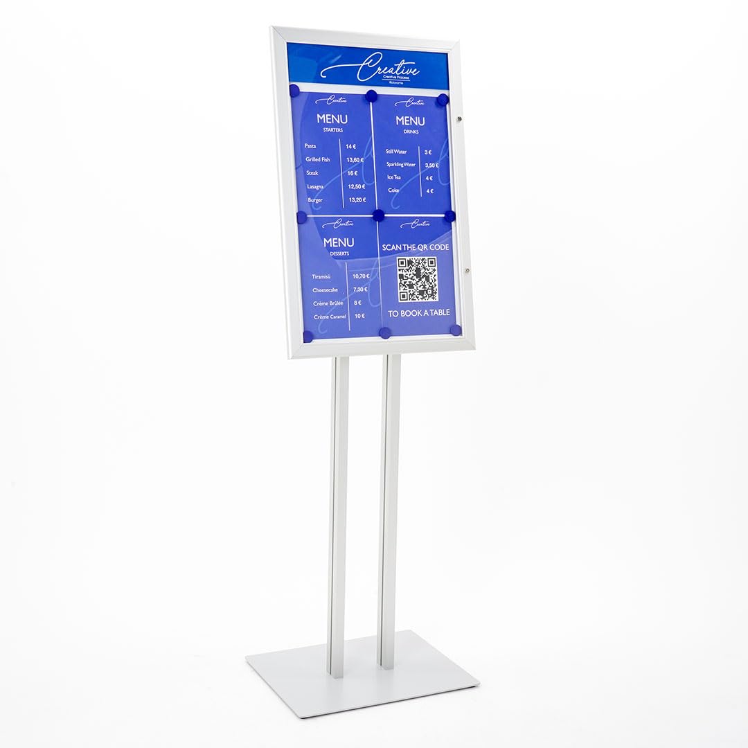 Danieli Store - Expositores de Pie 4xA4 para Exterior. Soporte Para Menu de Aluminio con Llave. Atril para Tiendas y Restaurantes. Porta Menu Exterior con y sin Luz LED Con Panel Personalizable