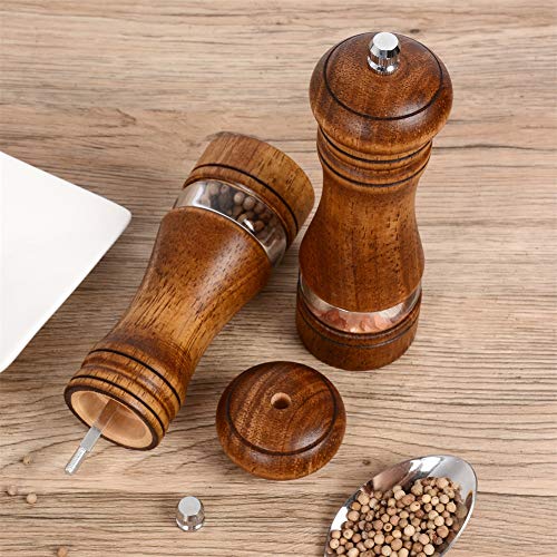 Image of Haomacro Pepper Grinder,Wood Salt and Pepper Grinder Mills Sets, Classic Manual Salt Grinder Refillable Pepper Mill Sets with Acrylic Visible Window Adjustable Ceramic Grinding Rotor 6.5inch 2 Pack