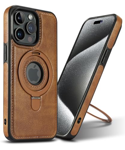VAUSERDY Magnetic for iPhone 15 Pro Max Leather Case,Invisible Stand [Compatible with Magsafe] Slim Kickstand Phone Cove (Brown, iPhone 15 Pro Max)