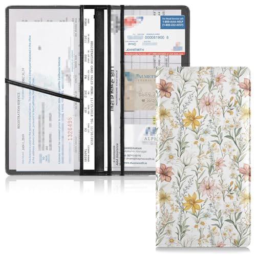 GuoChe Leather Car Registration and Insurance Holder Men Women Wallet Accessories Case for Documents, Cards, License Cute Spring Flowers Rustic White