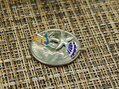 925 Sterling Silver Set of 3 Pairs Blue Mermaid, Purple Seashell, Blue Crystal Starfish Stud Earrings (Nickel Free)3