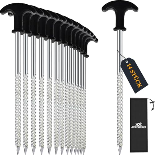 AVOFOREST Zeltheringe Stahl, 14x Heringe Erdnägel Stabil Camping Schraubheringe,Lange und robuste Erdnägel,ideal für normalen und harten Boden,Wald, Wiesen, Gras, Sandboden