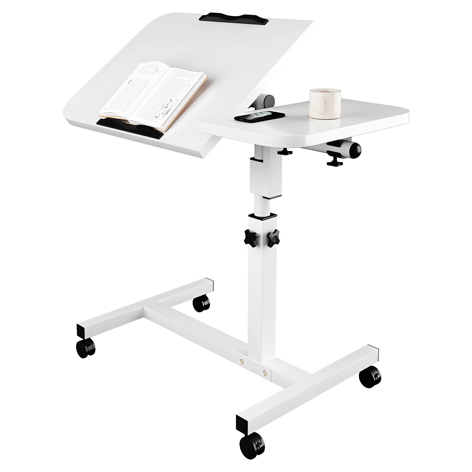 Mesa Auxiliar Plegable con Ruedas, 60 X 40 cm, Blanca | Altura 60–95 cm, Giro 360° y Frenos, Para Cama, Sofá, Madera y Marco Metálico
