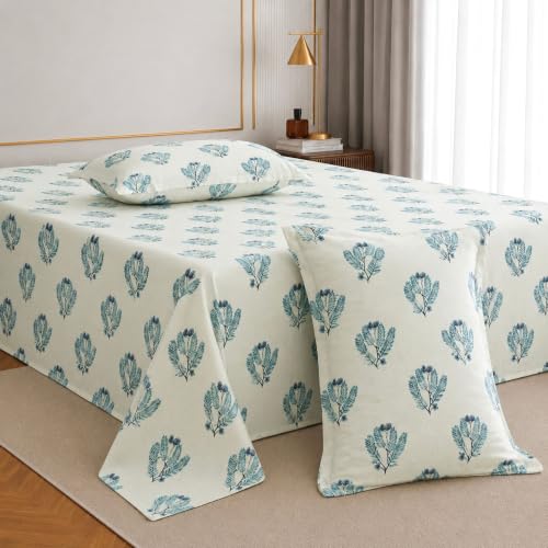 Image of Jaipur Weaves Cotton King Size Bedsheet 108x108 Super King, 100% Pure Cotton Bed Sheet with 2 Pillow Covers, 240 TC Soft Breathable Floral Design Bedding - (Spring Tulips Green, Super King)