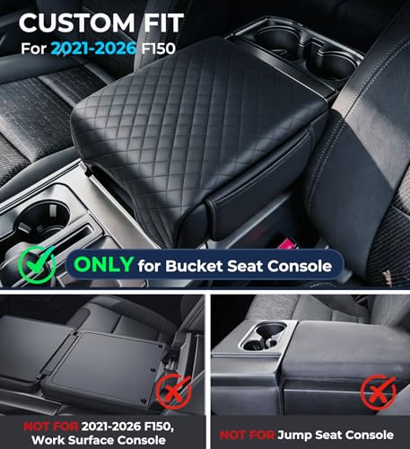 Image of Center Console Cover for Ford F150 2026 2025 2024 2023 2022 2021, Fits Bucket Seat Only, 1.2-Inch Thick PU Leather Armrest Cushion Protector with 2 Side Pockets for 2021-2026 F-150, Black