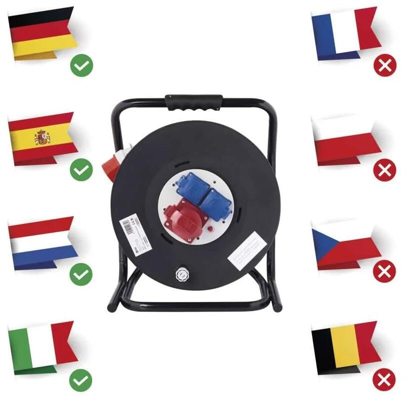 EMOS - Carrete de Cable CEE de 25m - 3 Tomas (1 CEE, 2 Schuko) - Resistente al Agua - 230 V/400 V, 13 A, 3000 W/5000 W - Aislamiento de Goma - H07RN-F 1,5 mm2 - IP44 para Exteriores y Camping