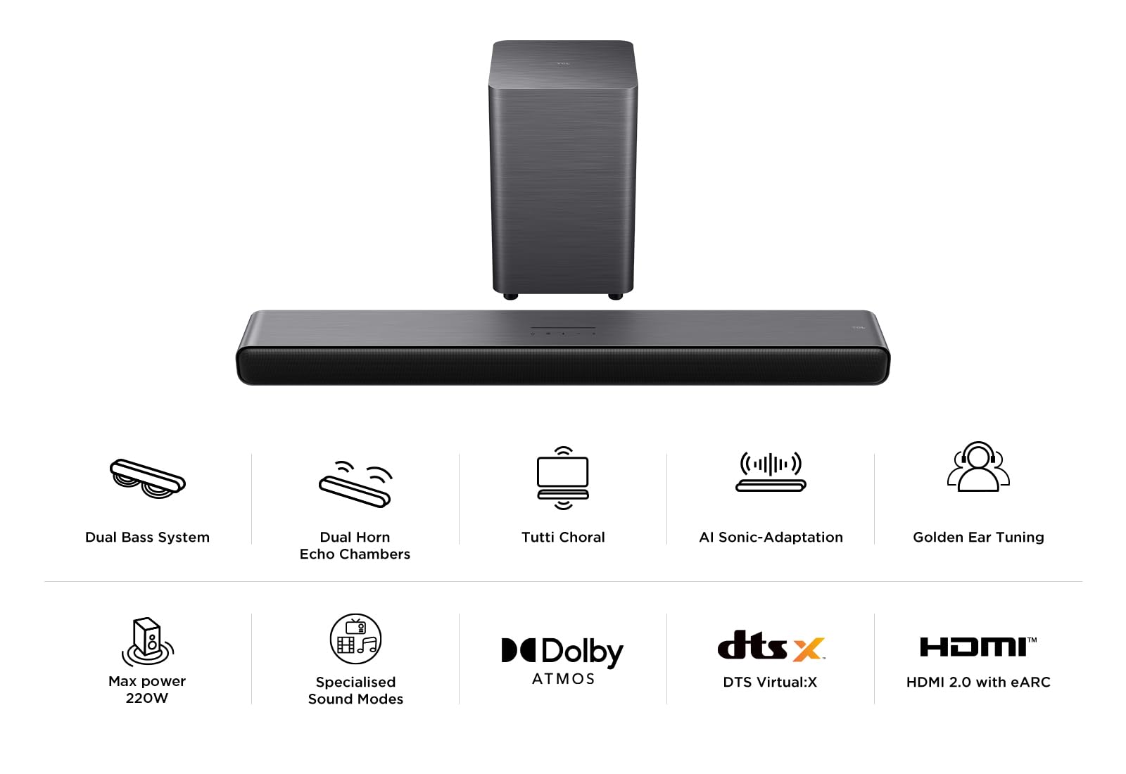 TCL S55HE Soundbar 2.1, 220W, Dolby Atmos, DTS Virtual:X, subwoofer wireless, Bluetooth 5.3, HDMI eARC, USB, ottico, montaggio a parete, telecomando incluso
