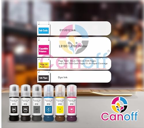 Image of CANOFF 011 /012 Six-Color Refill Ink Bottle Set | Premium Photo Ink for Sharp & Vibrant Prints | Compatible with Epson L8180, L8160 & 012-Series Photo Models (012 CMYKG+PB Set)
