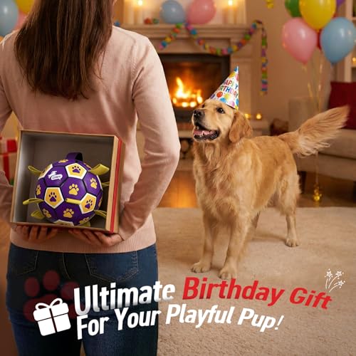 Image of QDAN Dog Ropes Toys, Soccer Ball with Straps, Interactive Dog Toys for Tug of War, Dog Water Toy, Durable Balls for Medium Large Dogs(8 Inch) | 8 Inch Soccer Toy with Straps, Dog Tug Toy for Tug of War, Puppy Birthday Gifts, Training Herding Balls for Outdoor