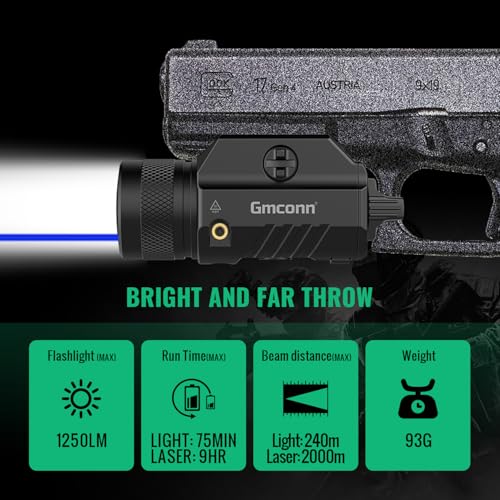 Image of Gmconn 1250 Lumen Tactical Flashlight Green Blue Red Laser Light Combo, Rechargeable Pistol Light with Strobe /Momentary Compatible with Picatinny