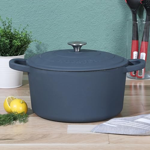 Image of Crock-Pot Artisan 7-Quart Round European Enameled Cast Iron Dutch Oven - Matte Navy Blue, Durable Oven Safe Cookware