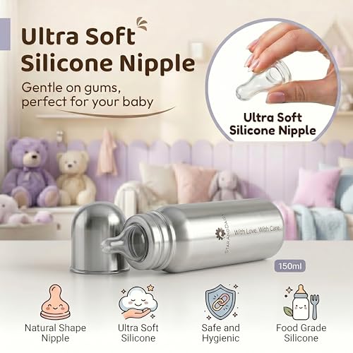 Image of StarAndDaisy Baby Milk Bottle for new Born /Infant /Toddler Pack of 2-300 ML SUS 304 Steel Baby Feeding Bottle for 0+ Months, BPA Free Leakproof Bottle, Anti Colic, Easy to Clean & Extra Nipple