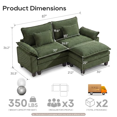Image of URRED Oversized Modular Sectional Sofa，Solid Green：87 inch L Shaped