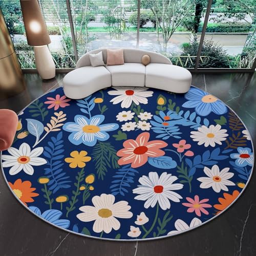 Alfombra Redonda Franela 100 cm - Azul Oscuro Antideslizante Plegable Pelo Corto Arte Pintadas Flores Margaritas Hojas Patrón Alfombra para Salón Cocina Dormitorio o Terraza Decorativo