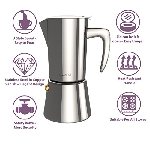 bonVIVO Intenca Stovetop Espresso Maker - Luxurious Italian Coffee Machine Maker, Stainless Steel Espresso Maker Full Bodied Coffee, Espresso Pot For 5-6 Cups, 10 oz Moka Pot SILVER Chrome Finish