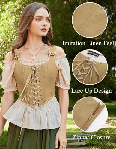 Image of Scarlet Darkness Women's Renaissance Corset Tops Vintage Lace Up Overbust Bustier Bodice Khaki 16