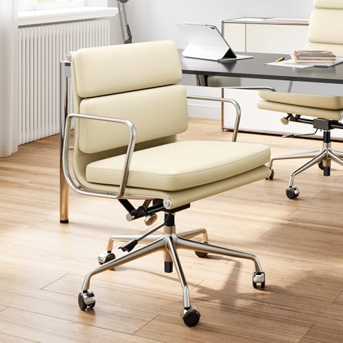 Image of Mid-Back Executive Genuine Leather Office Chair, with Aluminum Arms and 5-Star Base, Modern Rolling Desk Chair with Silent Wheels, Lumbar Support, High-Adjustable, Tilting for Home & Office