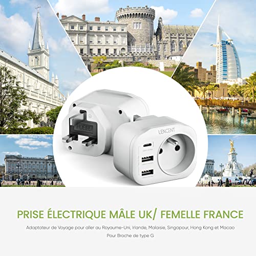 lencent adaptateur prise uk/anglaise française prise, avec 2 ports usb et 1 port usb c adapté à angleterre, irlande, royaume uni, Écosse, adaptateur électrique mâle uk/ femelle france, type g