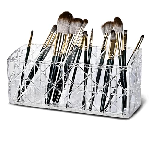 Image of Makeup Brush Holder Makeup Brush Organizer Acrylic -Makeup Brush Holder Clear Cosmetic- Makeup Brush Organizer - Storage Box Large Capacity 4 Slots Container for Brushes (Clear)